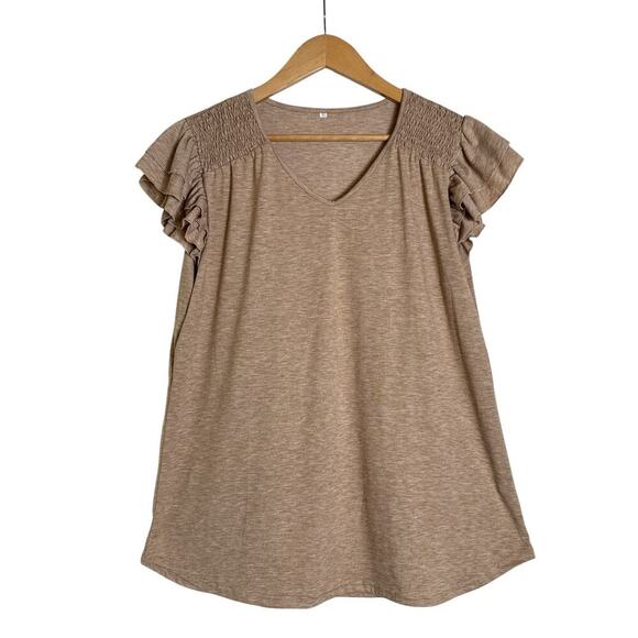 Ruffle Shoulder Women's V-Necked Smocked Soft Knit Pullover Top Size XL Tan NWOT - Picture 2 of 8